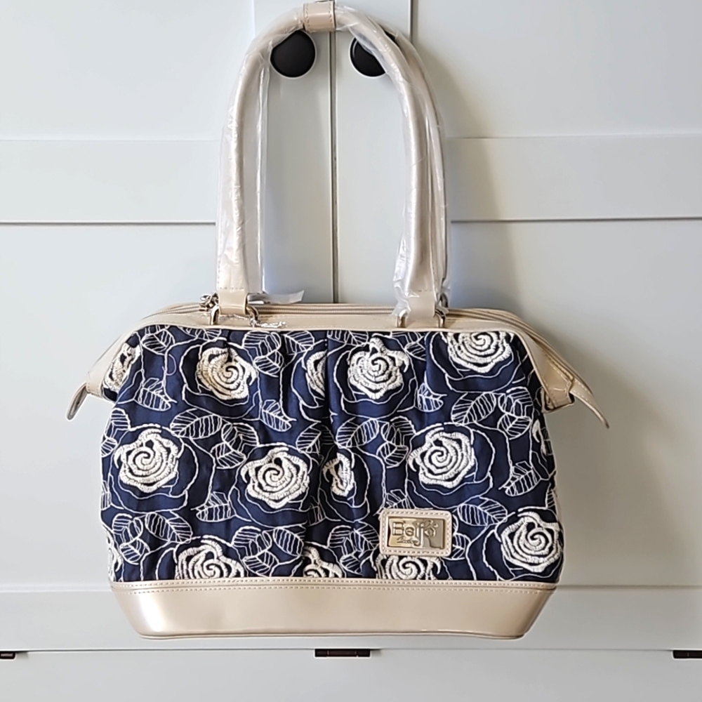 Beijo blue and cream "Truly, Madly, Deeply" embroidered bag NWT